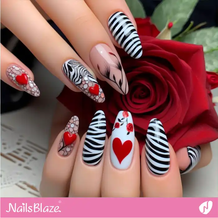 Almond Zebra Print Nails for Valentine | Animal Print Nails - NB2462